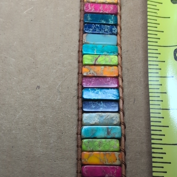 Handmade Multicolor Stone Tile Wrap Bracelet - Brown Cord - Picture 7 of 7